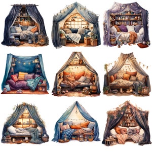 Puede incluir: Nueve ilustraciones de acuarela de acogedoras esquinas de lectura. Cada rinc&oacute;n cuenta con una cama con almohadas y mantas, una estanter&iacute;a y luces de cadena. Los rincones est&aacute;n decorados con plantas, velas y otros elementos decorativos.