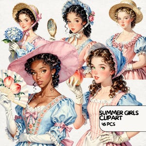 Op de afbeelding: Waterverfillustratie van verschillende jonge vrouwen in pastelkleurige jurken en mutsen. Sommigen houden bloemen, een spiegel, een waaier en een perzik vast. De tekst "SUMMER GIRLS CLIPART 45 PCS" staat rechtsonder.