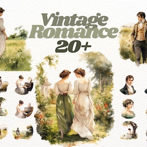 Aquarelle vintage Romance clipart bundle, clipart régence, clipart elizabeth bennet, lecture, png victorien, scrapbooking