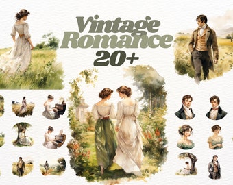 May include: A collection of watercolor illustrations depicting romantic scenes with couples in vintage clothing. The illustrations are set in various outdoor locations, including a garden, a field, and a forest. The title "Vintage Romance 20+ " is displayed at the top of the image.