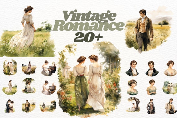 Watercolour Vintage Romance clipart bundle, regency clipart, elizabeth bennet clipart, reading, victorian png, scrapbooking