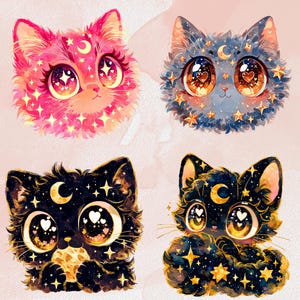 Puede incluir: Cuatro ilustraciones caprichosas de gatos con ojos grandes y expresivos. Los gatos presentan dise&ntilde;os celestiales con lunas, estrellas y corazones. La paleta de colores incluye rosa, azul y negro, con acentos dorados. La obra de arte tiene un estilo suave de acuarela.