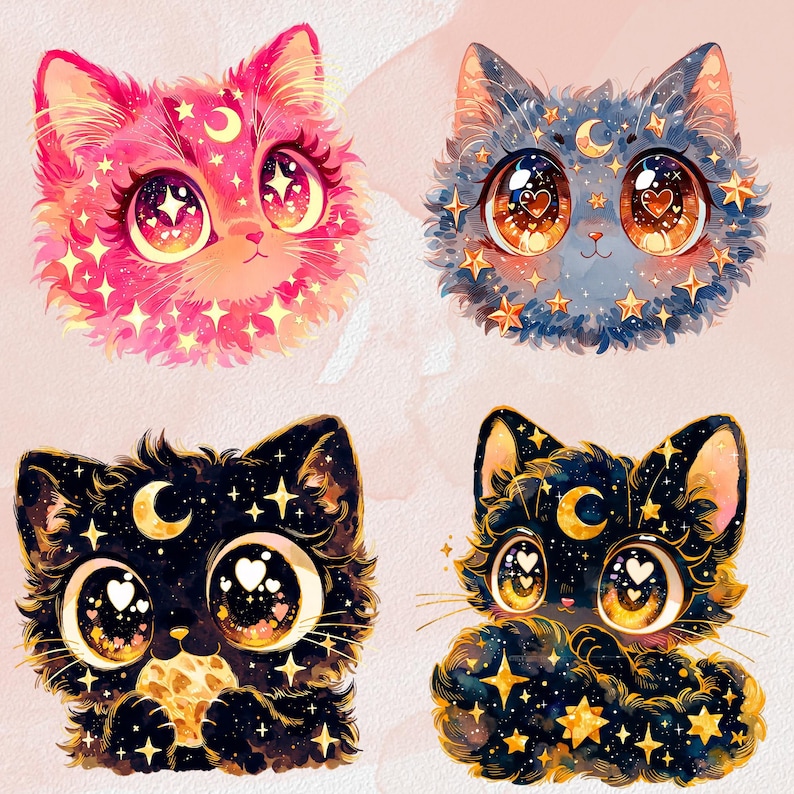 Puede incluir: Cuatro ilustraciones caprichosas de gatos con ojos grandes y expresivos. Los gatos presentan dise&ntilde;os celestiales con lunas, estrellas y corazones. La paleta de colores incluye rosa, azul y negro, con acentos dorados. La obra de arte tiene un estilo suave de acuarela.