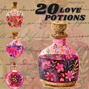 May include: Twenty love potion bottles with floral designs and pink liquid. The bottles have gold tops and are decorated with pink, purple, and green flowers. The text "20 LOVE POTIONS" is written in black letters on a white background.