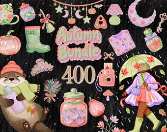 400+ Pastel Fall Clipart PNG Bundle, Girly Witchy Autumn Halloween, Pink Pumpkin, Cozy Floral Animal and Fashion Graphics