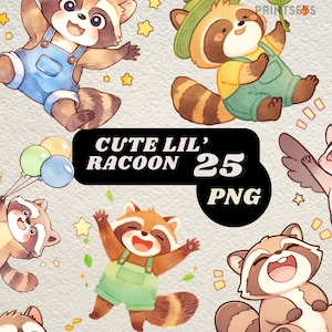 Stickers numériques ratons laveurs kawaii mignons, bébé raton laveur png, png renard, clipart mignon animaux des bois, lot de clipart animaux mignon forêt, commercial