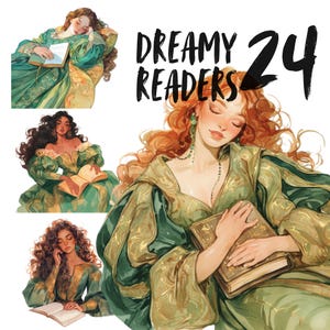 Gemütliches Vintage Lese Mädchen Clipart Set, gemütliche Buchliebhaber PNG Aufkleber, Relax Lounge Set digitaler Download, feminine ästhetische Grafiken