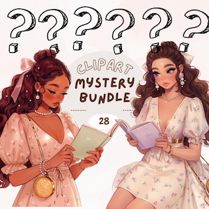 May include: An illustration featuring two women in floral dresses, reading books, and wearing jewellery. The image includes the text "Clipart Mystery Bundle" and the number "28", with question marks above the women's heads.