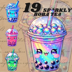 Fantasie funkelnde Boba Tee digitale Aufkleber, Clipart Journaling, holografische Boba Tee, wunderliche Aufkleber, transparent, scrapbooking