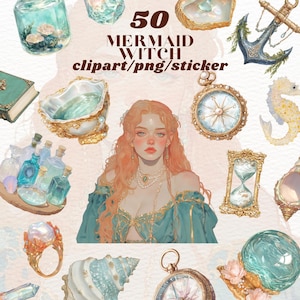 Bundle de cliparts sorcière sirène eau océan wicca ensemble d'autocollants magiques goodnote png transparents journalisation scrapbooking graphique occulte