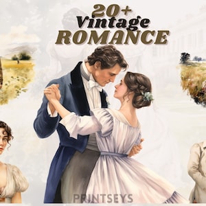 May include: Watercolor illustrations with a vintage romance theme. The image features couples dancing, portraits, and figures in period clothing. Text at the top reads "20+ Vintage Romance". The overall color palette is soft and romantic.