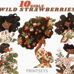 Bundle de cliparts fille aux fraises des bois, abstrait, style anime, cottagecore png, chic, scrapbooking, art folklorique png, clipart baies