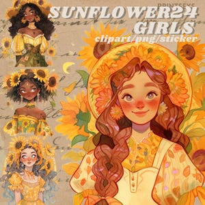 cottagecore sunflower girls digital sticker, vintage floral png, fairytale, transparent,instant download, dnd, occult,nature wicca clipart