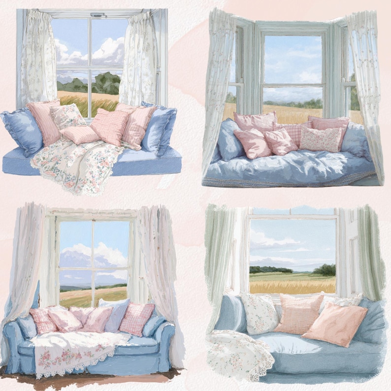 Puede incluir: Ilustraciones en acuarela de asientos de ventana con cojines azules, almohadas rosas y azules y mantas florales. Las ventanas ofrecen vistas de un paisaje soleado con campos y cielos azules, enmarcadas por cortinas blancas.
