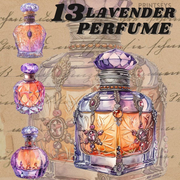 Apricot and Lavender vintage perfume stickers, Vintage Makeup clipart, Perfume spray png, Retro Perfume Bottle Clipart bundle