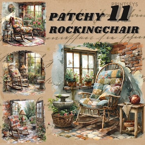 Pode incluir: Uma cadeira de balanço de patchwork com um padrão floral está localizada em uma sala de sol com uma janela e uma parede de tijolo. A cadeira é feita de vime e tem uma almofada confortável. Há uma mesa pequena ao lado da cadeira com um bule de chá e um livro.