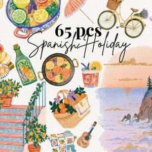 Puede incluir: Una colección de 65 ilustraciones en acuarela titulada 65 pcs Spanish Holiday, que incluye cítricos, cócteles, una bicicleta con cesta, una guitarra, una cesta de picnic, naranjos en macetas sobre escaleras y un paisaje costero con acantilados.