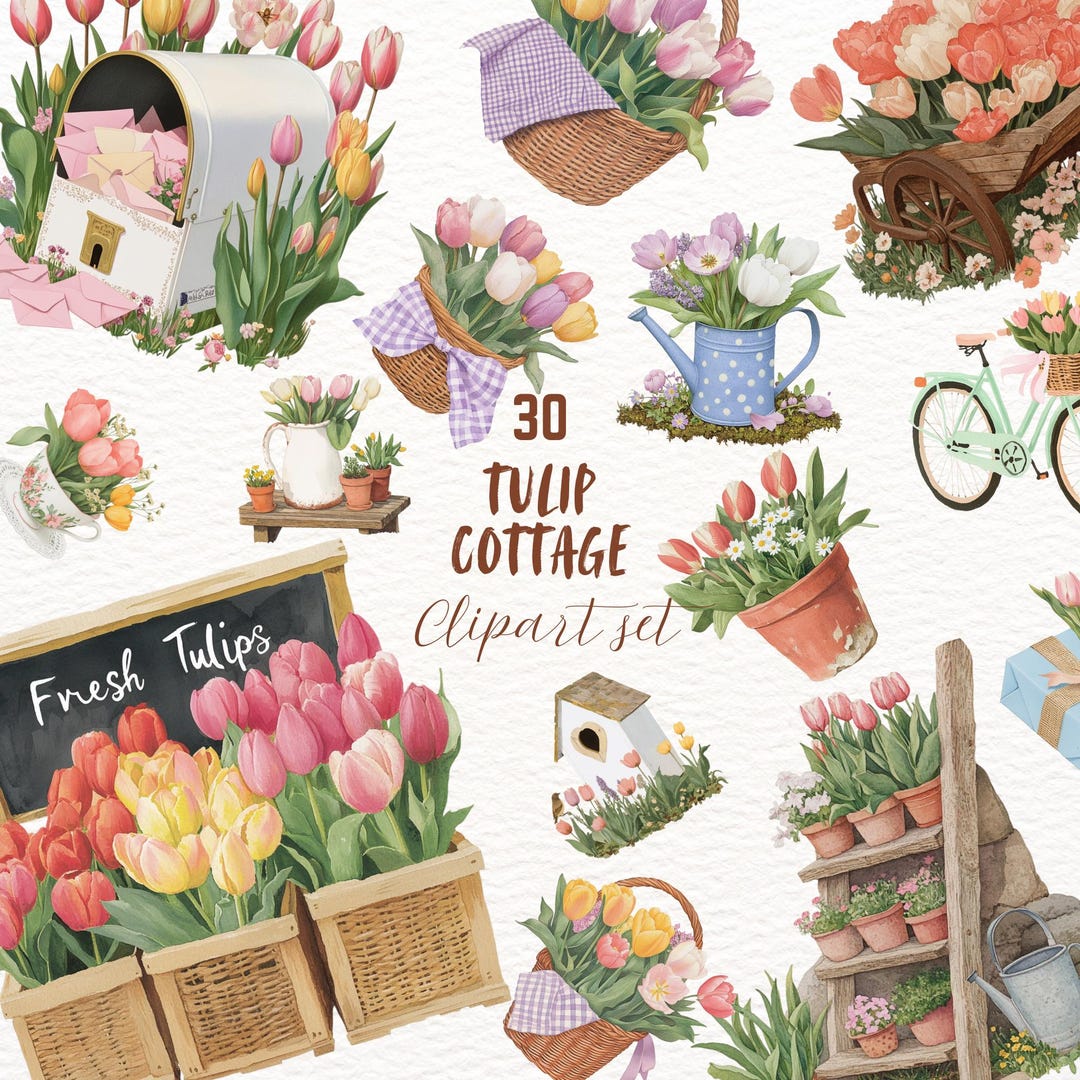 Spring Tulip Cottage Clipart Bundle Rustic Sticker Set Cozy Floral ...