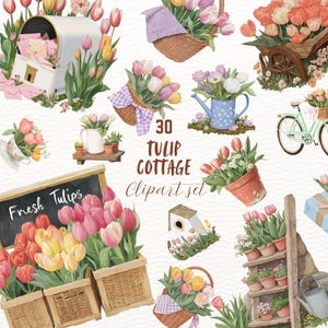 Spring Tulip Cottage Clipart bundel rustieke sticker set gezellige bloemen goodnote stickers transparante png journaling scrapbooking zomer afbeelding