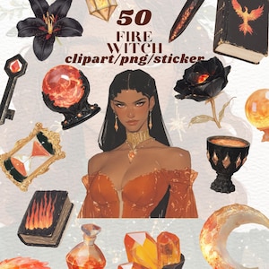 Peut inclure: Une collection de 50 images clipart, png et autocollants de sorcière du feu. Les images comprennent une femme aux longs cheveux noirs portant une robe rouge, une fleur noire, une boule de cristal, une clé, un sablier, un livre avec des flammes, une fiole de potion, un cristal, un calice, une lune croissante et un phénix.