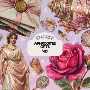 Puede incluir: Un collage de arte digital con una mujer clásica, una gran rosa rosa, conchas marinas, tazas de té y sobres vintage. La imagen incluye el texto "CLPART APHRODITES GIFTS 40" sobre un fondo en forma de nube. La paleta de colores es rosa pálido, dorado y crema.