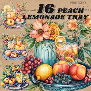 Stickers numériques limonade pêche, lot de clipart boisson d'été, ambiance estivale, clipart été, journal estival, png, temps chaud, scrapbooking