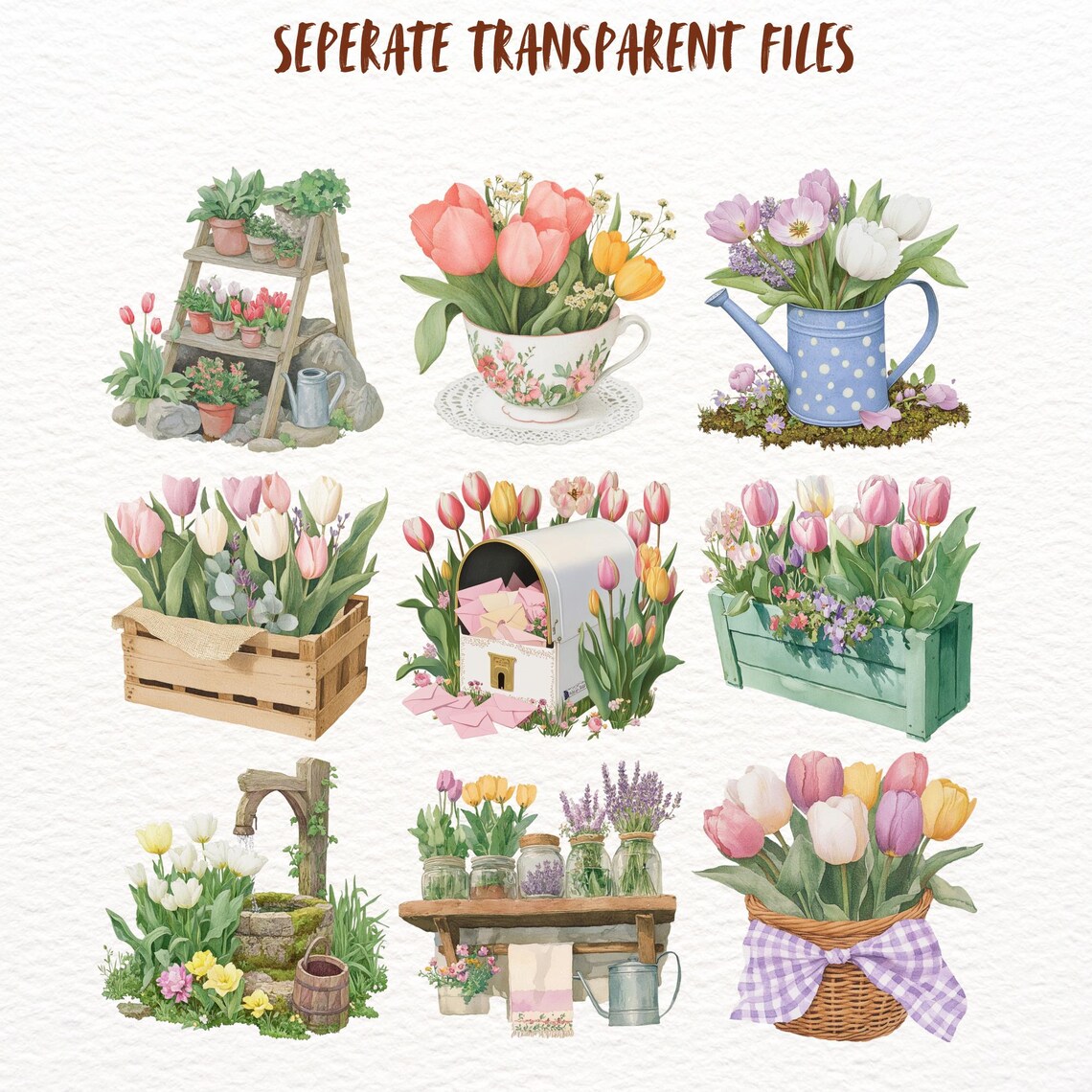 Spring Tulip Cottage Clipart Bundle Rustic Sticker Set Cozy Floral ...