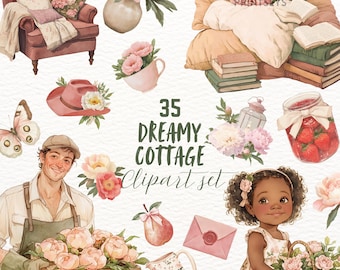 Watercolor Cozy Cottage Clipart, Cottagecore Clip Art, Rustic ClipArt, Planner Stickers, Vintage PNG, Digital Download, Commercial Use
