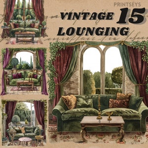 Pacchetto clipart lounge vintage in velluto vecchio denaro acquerello, angolo lettura marrone, istantaneo, adesivo digitale, lettura, libri, png di lusso
