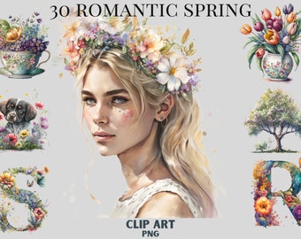 Paquete de imágenes prediseñadas de acuarela romántica floreciente primavera, fantasía, flores png, floral, tulipanes, narcisos, mariposa