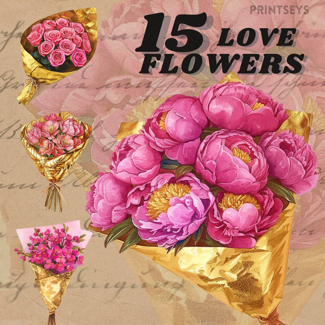 Pink Flower Bouquet in Gold Foil Clipart Bundle, Digital Stickers ...