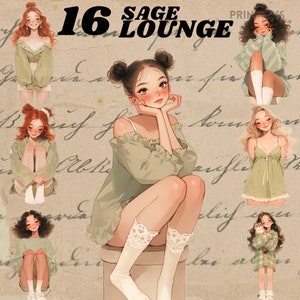 Sage Cozy Lounge Girl Mode-Outfit-Clipart-Bundle, digitaler Aufkleber, Journaling, mädchenhaft transparent, sofortiger Download, Sage Relaxing Fashion