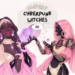 Cyberpunk futuristische Hexe Mode Mädchen Clipart Set, rosa und creme wicca vibes Aufkleber, gemütlicher digitaler Download, weibliche ästhetische Grafik