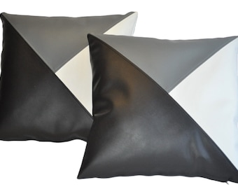 2 Black Grey & White Tri Style Faux Leather Cushion Covers 16" 18" 20" Pillows