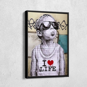 Banksy I Love Life Graffiti Street Art Framed Printed Canvas Ready to Hang Wall Art Poster Print Floating Frame - Home Decor
