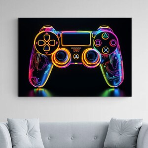 May include: A neon-coloured video game controller against a black background. The controller is lit up in a rainbow of colours, including red, orange, yellow, green, blue, and purple.
