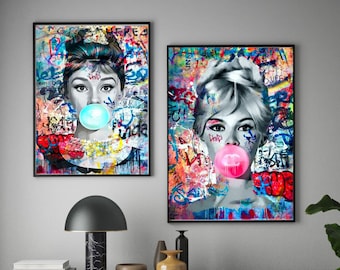 Graffiti Audrey Hepburn Brigitte Bardot 2er Set Bubble Gum Street Art Gedruckte Leinwand Wandkunst oder mit schwimmendem Rahmen - Pop Art Icons