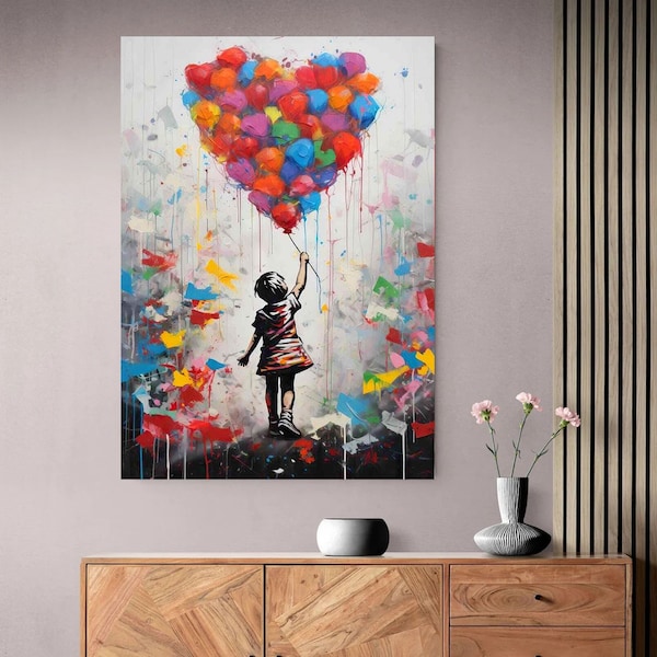 Banksy Style Balloon Girl Colourful Framed Printed Canvas Wall Art - Poster Print - Floating Frame - Framed Prints - Premium Home Decor