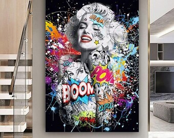 Graffiti Marilyn Monroe Boom Leinwand Wand Kunst Bild, Street Art, Pop Art - Poster Druck - Schwarz, Weiß, Holz gerahmt Drucke -Premium Decor