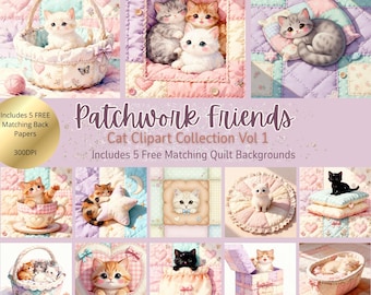 Patchwork Katzen Clipart Bundle: Gequiltetes Kätzchen PNGs (Digitaler Download)