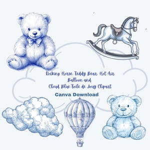 Blue Toile de Jouy Clipart Vintage Nursery Clouds Hot Air Balloons Rocking Horses Teddy Bears Baby Shower Nursery Decor