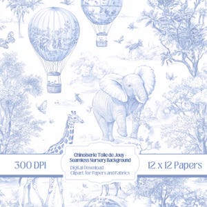 Padrão de Toile de Jouy Chinoiserie Azul | Papel de Scrapbook Digital 12x12 para Artesanato