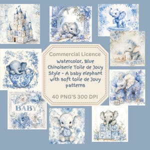 Bumperpakket! 40 aquarel blauwe chinoiserie babyolifant canvas sjablonen | 12 x 12 digitaal papier | Bewerkbare achtergronden voor babykamers en plakboeken