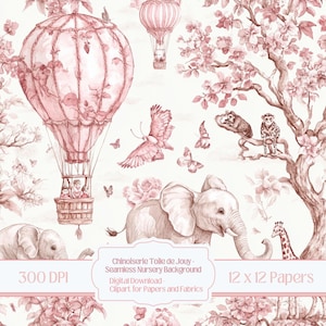 Padrão rosa Chinoiserie Toile de Jouy | Papel de álbum de recortes digital 12x12 para artesanato
