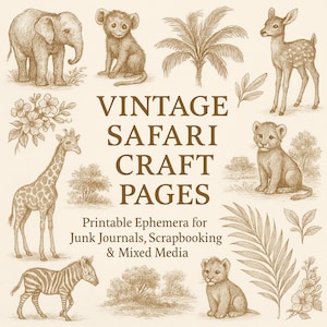 Lot de cliparts animaux de safari vintage | PNG sépia | JPEG | PDF | Toile | Art bébé jungle pour chambre d'enfant | Éphémères Safari imprimables | Décoration murale
