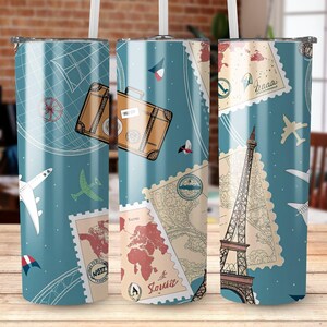 Reisebecher, Eiffelturm, Koffer-Design, Flugzeugbecher, Weltkarte, Reisebriefmarken, Abenteuer erwartet uns, Reise-Liebhaber-Geschenkidee