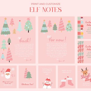 Puede incluir: Una colección de papelería rosa con temática navideña con ilustraciones de árboles, Papá Noel y renos. El texto incluye "Elf Notes", "I'm back", "Bye for now" y "Sleigh day". El diseño también presenta la fecha "25 de diciembre".
