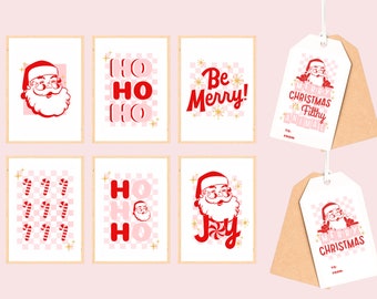 Retro Pink & Red Checkered Santa Christmas Printables | Vintage Holiday Wall Art Decor | Retro Christmas Gift Tag Digital Bundle