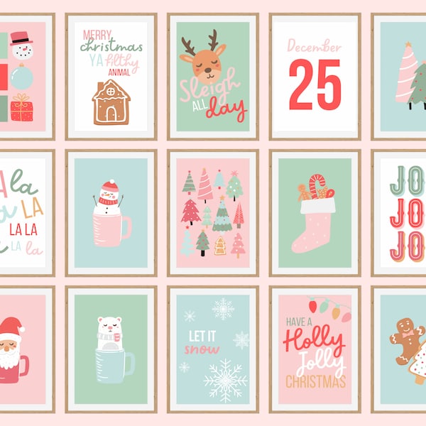 Pink Christmas Wall Art | Set of 15 Printable Artwork Designs | Instant Download