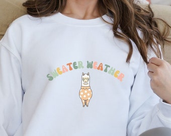 Sweater Weather Sweatshirt, Cute and Colorful Llama Sweater, White Sweater Weather Top, Gifts For Crocheters, Gifts For Knitters